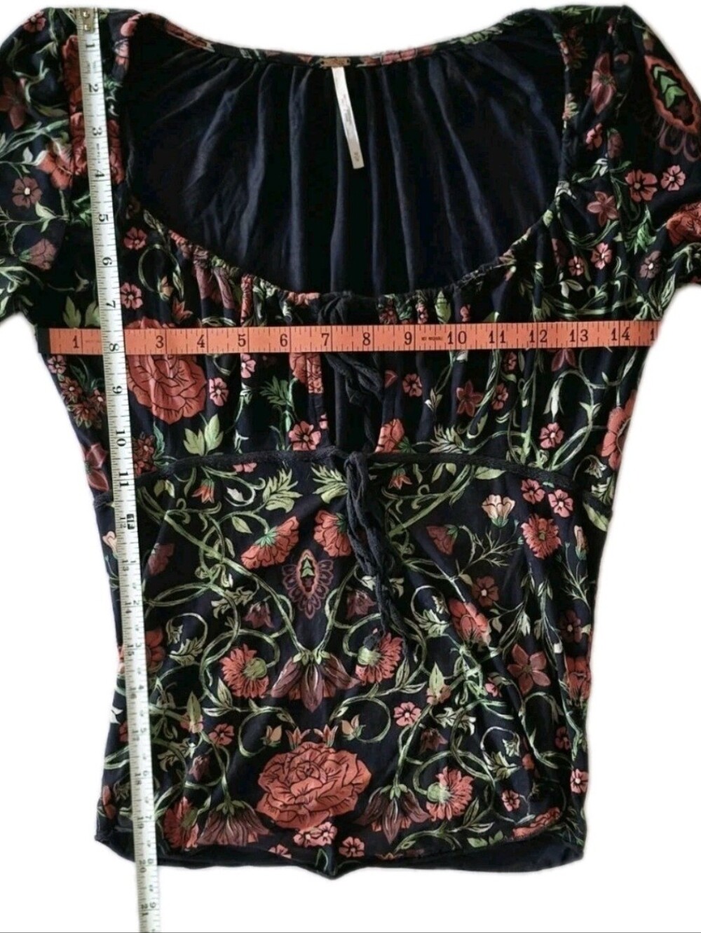 Free People Make It Easy Long Sleeve Fitted Scoop Neck Top Black Red Floral Sz M - Picture 10 of 11